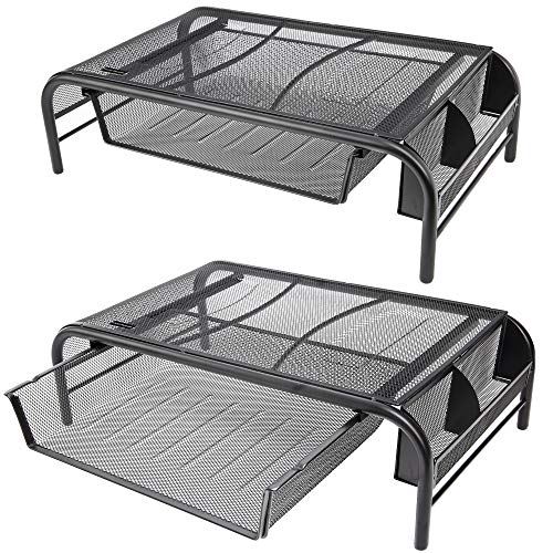 Product Cover Metal Mesh Monitor Stand - 2 Pack - Computer Screen Riser with Storage Pull Out Drawer and Side Storage Compartments, Non-Skid Rubber Feet - Desk Organizer for Computers, Laptops and Printers.