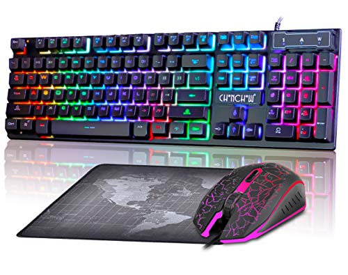 Product Cover Gaming LED Wired Keyboard and Mouse Combo with Emitting Character 3200DPI USB Mouse Multimedia Keys Rainbow Backlight Mechanical Feeling for PC Resberry Pi Mac TOB Box with Mousepad,910b