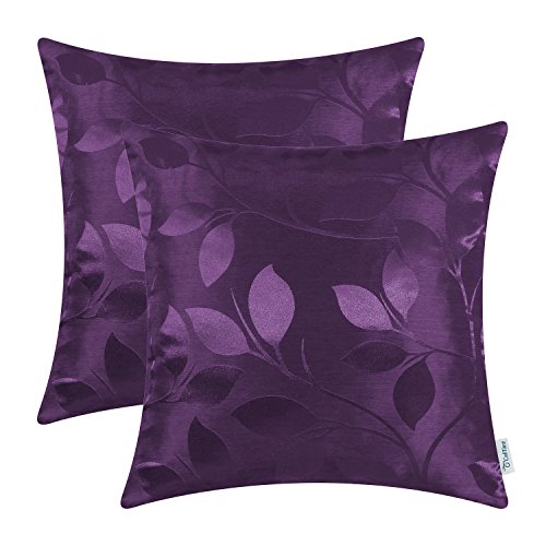 Product Cover CaliTime Pack of 2 Throw Pillow Covers Cases for Couch Sofa Home Decor Shining & Dull Contrast Vibrant Growing Leaves 18 X 18 Inches Deep Purple