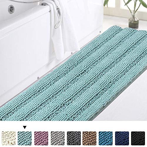 Product Cover Turquoize Bathroom Runner Extra Long Bathroom Rug Blue Chenille Bath Rug Non Slip Shaggy Bath Mat Shag Shower Mat, Soft and Cozy, Super Absorbent Water, Washable Rug, 47 x 17 inches, Duckeggshell Blue