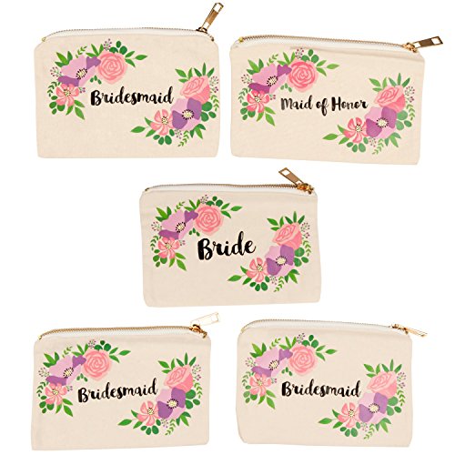 Product Cover Bridal Shower Makeup Bag - 5-Pack Canvas Cosmetic Pouches for Wedding Favors, Bachelorette Party Gifts, Bride Tribe Accessories, Vintage Floral Design, 7.2 x 4.7 Inches