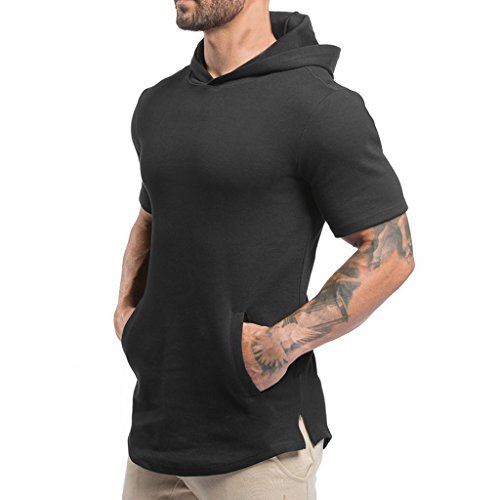 Product Cover Magiftbox Mens Hipster Hip Hop Workout Short Sleeve Hoodies Pullover Hooded Gym Sweatshirts with Kanga Pocket T07