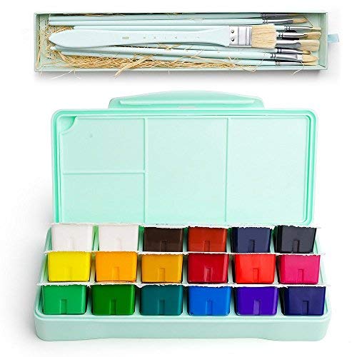 Product Cover MIYA Gouache Paint Kit, 18 Colors x 30 Milliliter Paint Set, 10 Pieces Hog Bristle Paint Brushes, Unique Jelly Cup Design with Portable Case Gouache, Perfect for Oil, Acrylic Painting (Mint Green)
