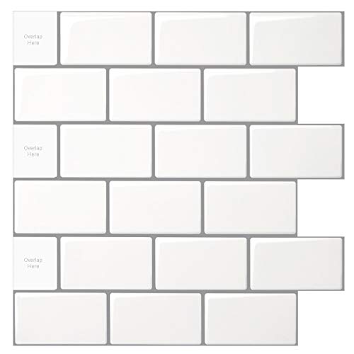 Product Cover 10-Sheet Peel and Stick Tile for Kitchen Backsplash, 12x12 inches White Subway Tile with Grey Grout