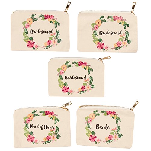 Product Cover Bridal Shower Makeup Bag - 5-Pack Canvas Cosmetic Pouches for Wedding Favors, Bachelorette Party Gifts, Bride Tribe Accessories, Tropical Floral Wreath Design, 7.2 x 4.7 Inches