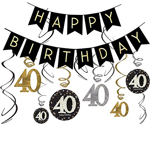 Product Cover 40th Birthday Decorations Kit- Gold Glitter Happy Birthday Banner & Sparkling Celebration 40 Hanging Swirls-40th Anniversary Decorations