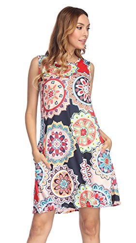 Product Cover Demetory Women's Casual Vintage Sleeveless Scoop Neck Plus Size Damask Print Sundress with Pocket (Red, X-Large)