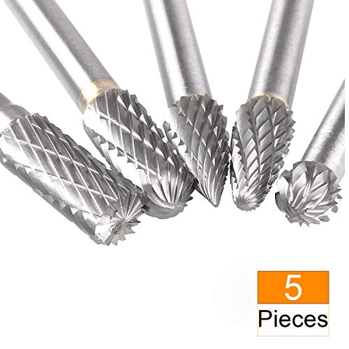 Product Cover 5 Pcs Carbide Rotary Burr Set with 6 mm(1/4 Inch) Shank and 8mm Head, Acrux7 Tungsten Carbide Double Cut Rotary Burr 1/4 Inch Shank Die Grinder Bits for DIY Woodworking, Metal Carving, Engraving, Dril