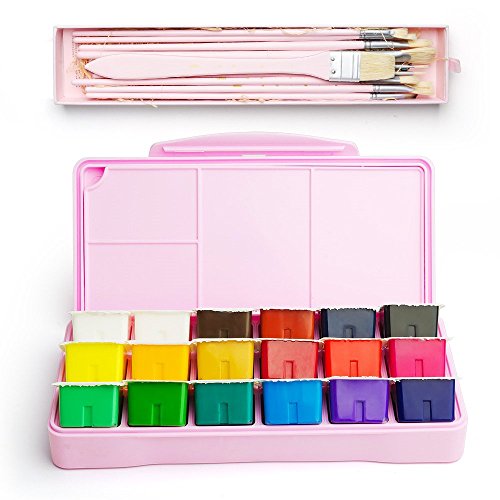 Product Cover MIYA Gouache Paint Kit, 18 Colors x 30ml Paint Set & 10 Pieces Hog Bristle Paint Brushes, Unique Jelly Cup Design with Portable Case Gouache, Perfect for Oil, Acrylic Painting & More (Pink)