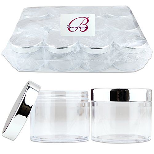 Product Cover Beauticom 60 Grams/60 ML (2 Oz) Round Clear Leak Proof Plastic Container Jars with SILVER Lids for Travel Storage Makeup Cosmetic Lotion Scrubs Creams Oils Salves Ointments (12 Pieces)