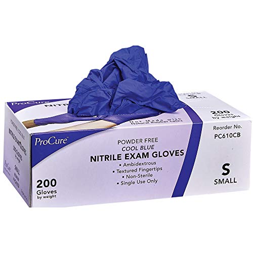 Product Cover ProCure Disposable Nitrile Gloves - Small, 200 Count - Powder Free, Rubber Latex Free, Medical Exam Grade, Non Sterile, Ambidextrous - Soft with Textured Tips - Cool Blue