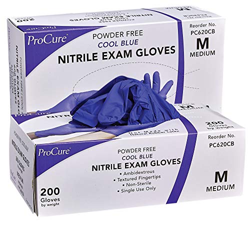 Product Cover ProCure Disposable Nitrile Gloves - 400 Count, Medium - Powder Free, Rubber Latex Free, Medical Exam Grade, Non Sterile, Ambidextrous - Soft with Textured Tips - Cool Blue