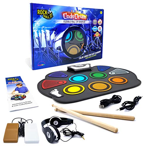 Product Cover Rock And Roll It - CodeDrum. Flexible Roll Up Color Coded Electric Drum Kit, Easy Learning & Play for Beginners! Portable, Drumsticks+Bass Drum/Hi Hat pedals+Headphones+Play-By-Color Music Book