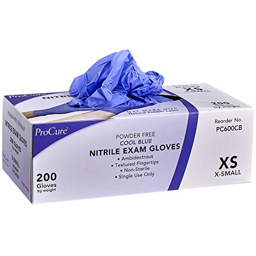 Product Cover ProCure Disposable Nitrile Gloves - X-Small, 200 Count - Powder Free, Rubber Latex Free, Medical Exam Grade, Non Sterile, Ambidextrous - Soft with Textured Tips - Cool Blue