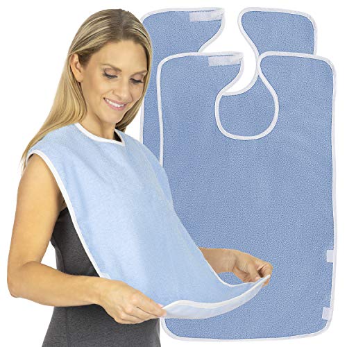 Product Cover Vive Adult Bibs (2 Pack) - Waterproof Apron Set for Men, Women for Eating with Adjustable Strap - Washable Reusable Large Terry Cloth for Elderly, Seniors and Disabled - Extra Long Clothing Protector