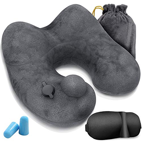 Product Cover Inflatable Neck Pillow - Inflatable Travel Pillow Set for Airplane - Neck Travel Pillows for Women - Airplane Pillow for Men with Packsack - Soft Velvet Flight Pillow