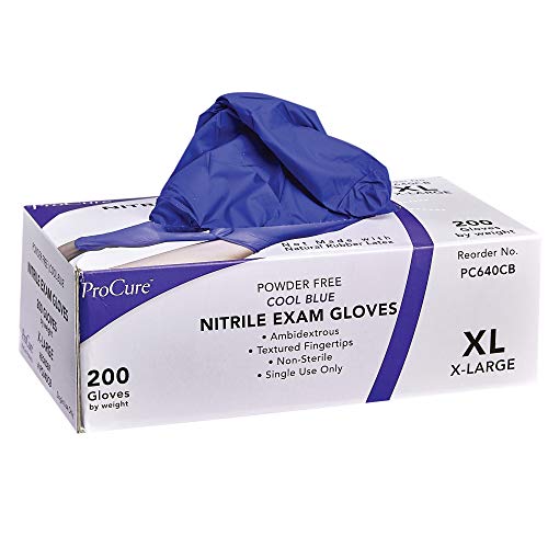 Product Cover ProCure Disposable Nitrile Gloves - X-Large, 200 Count - Powder Free, Rubber Latex Free, Medical Exam Grade, Non Sterile, Ambidextrous - Soft with Textured Tips - Cool Blue