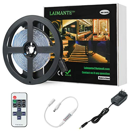Product Cover Laimante 5m/16.4ft 12V Led Strip Lights Kit, 3000K Warm White, SMD 2835 300LEDs Dimmable Led Tape with RF Remote Dimmer and UL Listed Power Supply, Under Cabinet Kitchen Bedroom Strip Lighting