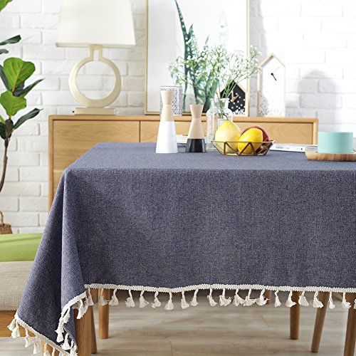 Product Cover ColorBird Solid Color Tassel Tablecloth Cotton Linen Dust-Proof Table Cover for Kitchen Dinning Tabletop Decoration (Rectangle/Oblong, 55 x 102 Inch, Navy)