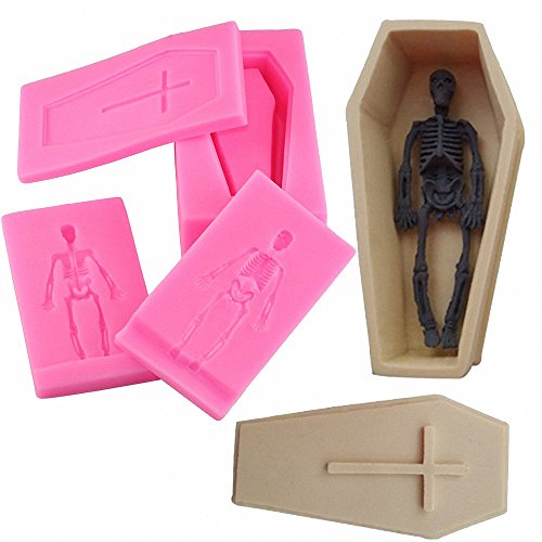 Product Cover MoldFun Small Size 3D Coffin with Cross and Human Skeleton Skull Silicone Mold for Fondant, Gum Paste, Cake Decorating, Chocolate, Candy, Soap, Bath Bomb, Resin