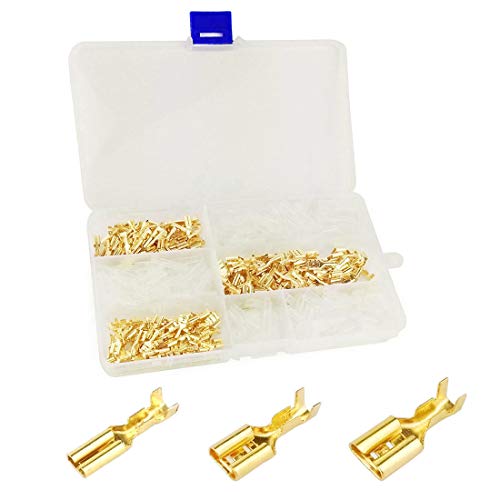 Product Cover 180pcs Brass Crimp Terminal Female Spade Connector with 180pcs Insulating Sleeve （2.8/4.8/6.3mm）, Quick Splice Crimp Terminals Kit AWG 22~14 Gauge for Car Audio Speaker