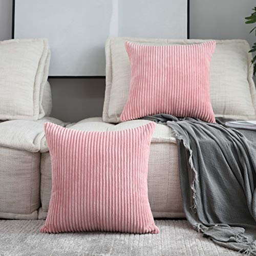 Product Cover Home Brilliant Set of 2 Decor Decorative Soft Velvet Corduroy Striped Square Throw Pillow Cushion Cover for Bench, 20 x 20 inch (50cm), Baby Pink