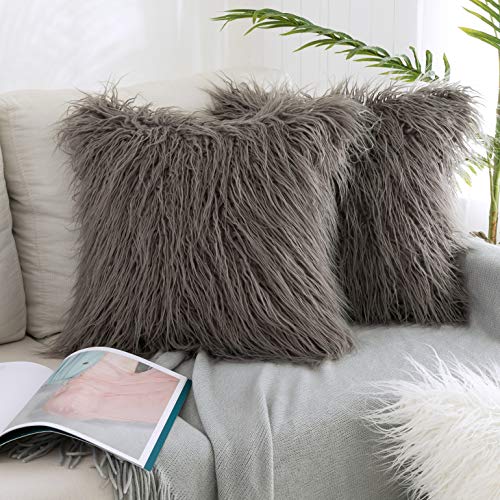 Product Cover Kevin Textile Pack of 2, Decor Home Deluxe Soft Plush Merino Style Grey Faux Fur Throw Pillow Cover Cushion Case for Bedroom Sofa Chair 18 x 18 Inch 45 x 45 cm