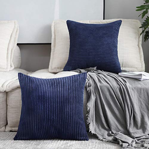 Product Cover Home Brilliant Decoration Pillow Covers Solid Red Soft Striped Velvet Corduroy Plush Throw Cushion Cover for Square Pillows, Set of 2, (Navy Blue, 20 x 20 inch, 50cm)