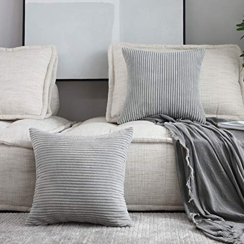 Product Cover Home Brilliant 2 Packs Decor Soft Decorative Striped Corduroy Velvet Square Throw Pillow Sofa Cushion Covers for Couch, 20x20 inch (50cm), Light Grey