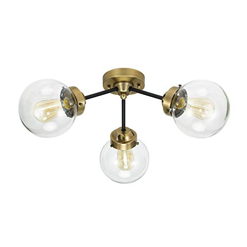 Product Cover Rivet Mid-Century Modern Glass Globe Flushmount Lighting Fixture with 3 LED Bulbs - 24.5 x 24.5 x 10 Inches, Black And Brass
