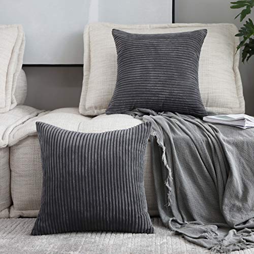 Product Cover Home Brilliant Set of 2 Throw Pillow Covers Soft Velvet Corduroy Striped Square Cushion Cover for Couch, 20 x 20 inch(50cm), Dark Grey