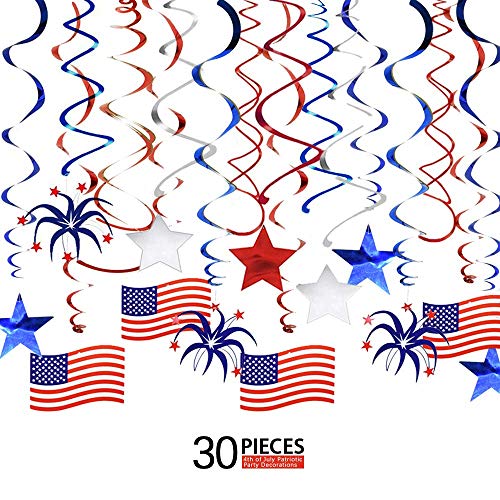 Product Cover Ediff 4th of July Patriotic Party Decorations, Patriotic Swirl Streamers (30 PCS) with American Flag, Red, White & Blue Stars, Patriotic Party Supplies for Independence Day