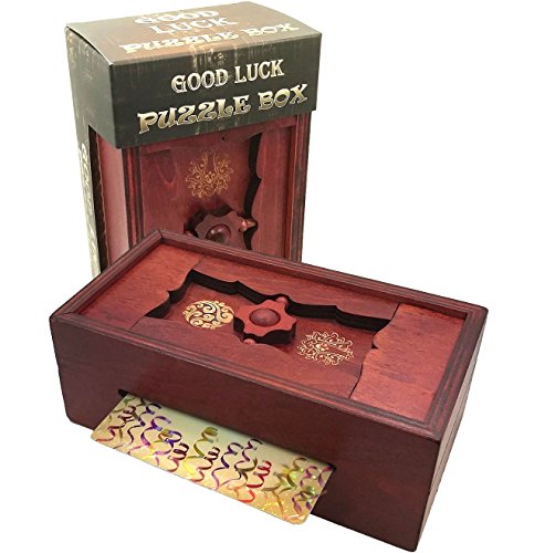 Product Cover Good Luck Puzzle Box Secret - Money and Gift Card Holder in a Wooden Magic Trick Lock with Hidden Compartment Piggy Bank Brain Teaser Game