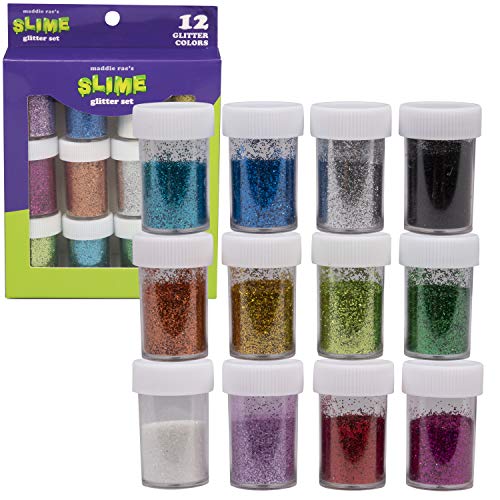 Product Cover Maddie Rae's Slime Glitter, Set of 12 Fine Glitter Colors (20 Grams ea) Great for Arts and Crafts, School, Body, Nail Art, Scrapbooks