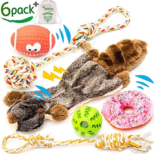 Product Cover JuJuNe pets, Small and Medium Dog Toys Set 6 Pack, Rubber Ball, Nontoxic Latex Rugby Dog Toy, Durable & Natural Cotton Tug Ropes, Plush Squeaky Donut, Plush Marmot Squeak Chew Toy, Dogs Toys