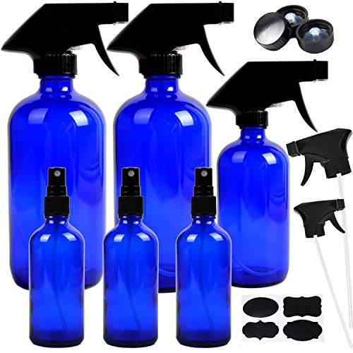 Product Cover 6 Pack Empty Cobalt Blue Glass Spray Bottles Refillable Containers, 16 Ounce 8 Ounce 4 Ounce Spray Bottles for Essential Oils, Cleaning Products, Durable Black Trigger Sprayer Fine Mist and Stream