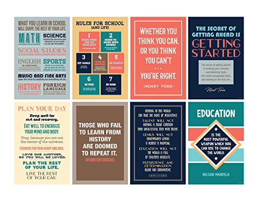 Product Cover Inspirational Motivational Quote Posters for Classroom or School; Success Wall Art Inspired by Famous Historical Leaders and Thinkers for School and Office, 12x18 Inch Size, Set of 8 Unframed