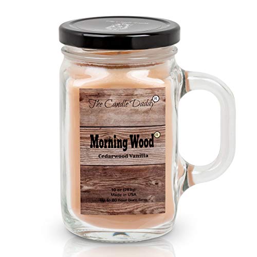 Product Cover Morning Wood- Fun and Funny Candle -Cedarwood Vanilla Scented Candle- Mason Jar- 10 Ounce - 80 Hour Burn Time- Made in USA