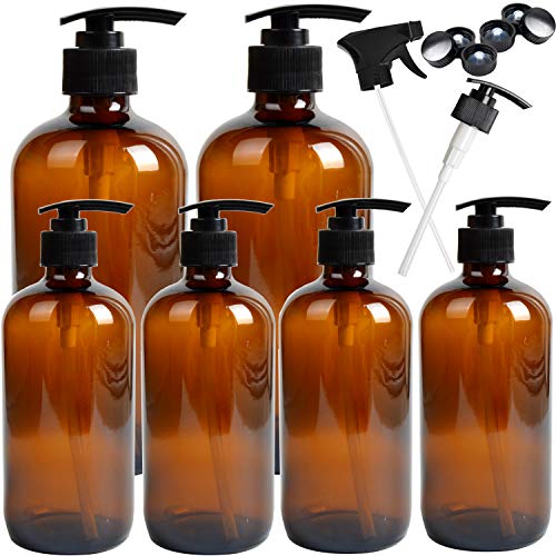 Product Cover Youngever 6 Pack Empty Amber Glass Pump Bottles, 2 Pack 16 Ounce and 4 Pack 8 Ounce Pump Bottles, Soap Dispenser, Refillable Containers for Essential Oils, Cleaning Products, Lotions, Aromatherapy