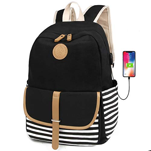 Product Cover FLYMEI Canvas Laptop Bag Cute School Backpack College Bookbag Shoulder Daypack Casual Travel Bags with USB Charging Port for Teen Girls and Women