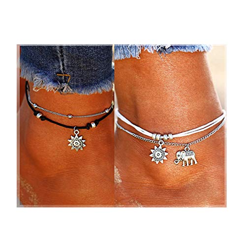 Product Cover ATIMIGO 2PCS Boho Beach Layered Rope Anklet Bracelet Sunflower Elephant Charm Handmade Foot Jewelry for Women Teen Girls