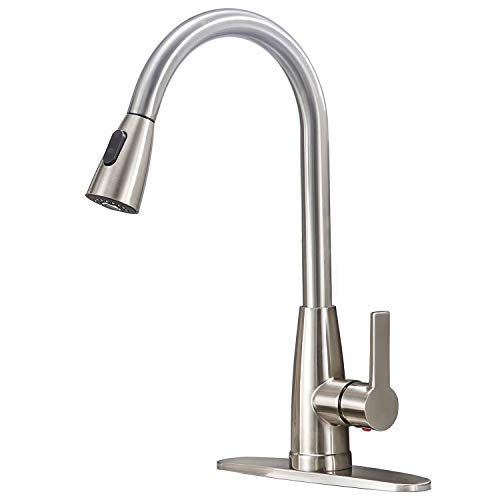 Product Cover Friho Modern Commercial Lead-Free Stainless Steel Single Lever Handle High Arc Pull Down Sprayer Kitchen Sink Faucet,Brushed Nickel Pull Out Kitchen Faucets With Deck Plate