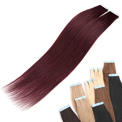 Product Cover Tape in Hair Extension Human Hair Wine Red (#99J) Straight Highlight Remy Human Hair Bonding Double Sided Tape Seamless Skin Weft Hair 20pcs/30g- 16inch