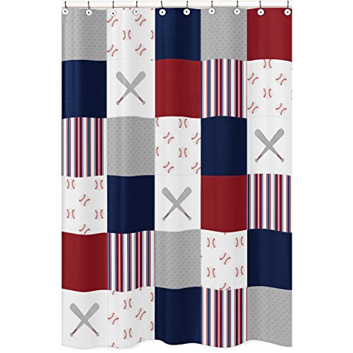 Product Cover Sweet Jojo Designs Red, White and Blue Bathroom Fabric Bath Shower Curtain for Baseball Patch Sports Collection - Grey Patchwork Stripe
