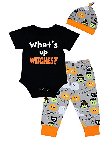 Product Cover Newborn Baby Boy Halloween Outfits Romper Letter Print Short Sleeve with Hat and Pants Sets 3PC