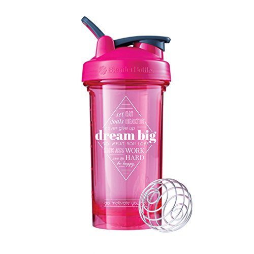 Product Cover GOMOYO Motivational Quotes on BlenderBottle Brand Pro Series Shaker Cup, Pro24 & Pro28, Includes BlenderBall Whisk (24oz - Dream Big - Pink)