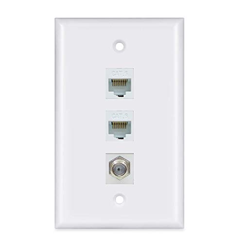 Product Cover 2 Ethernet and 1 Coax Wall Plate - Coax Cat6 Ethernet Wall Plate Female to Female with 2 Ethernet Port + 1 Coax F-Type Connector