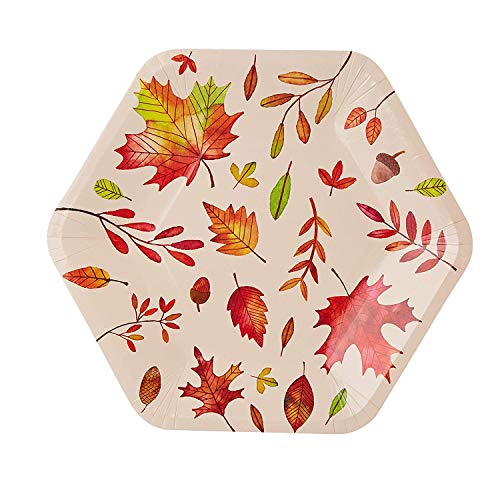 Product Cover Disposable Plates - 50-Count Thanksgiving Party Paper Plates, Fall Themed Celebrations, Autumn Leaves Hexagon Design, Beige, 9 x 8 Inches