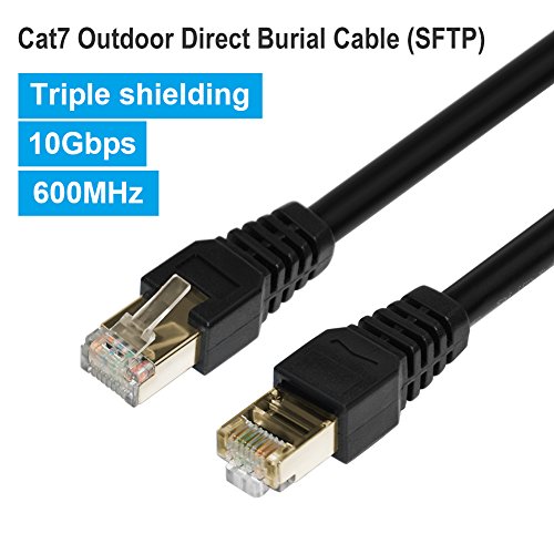 Product Cover Outdoor Ethernet Cable 25ft Exterior Cat7 Black, PHIZLI Shielded Grounded UV Resistant Waterproof Buried-able Network Cord SFTP 10 Gigabit 600MHz with OFC for Modem, Router, LAN, CCTV, Computer Heavy