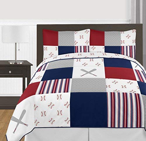 Product Cover Sweet Jojo Designs Red, White and Blue Baseball Patch Sports Boy Full/Queen Kid Teen Bedding Comforter Set-3 Pieces-Grey Patchwork Stripe